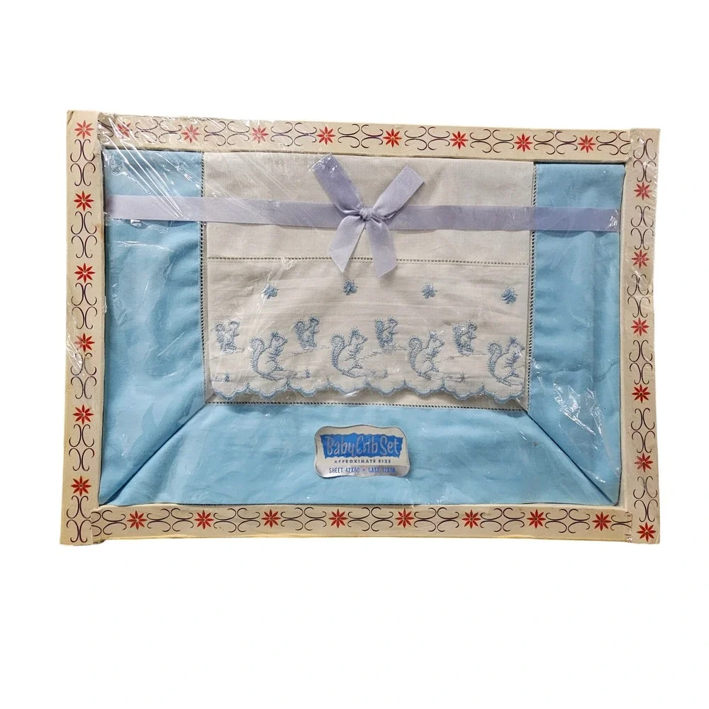 Vintage Baby Crib Set Blue Embroidered Squirrel Sheet and Pillowcase New in Box